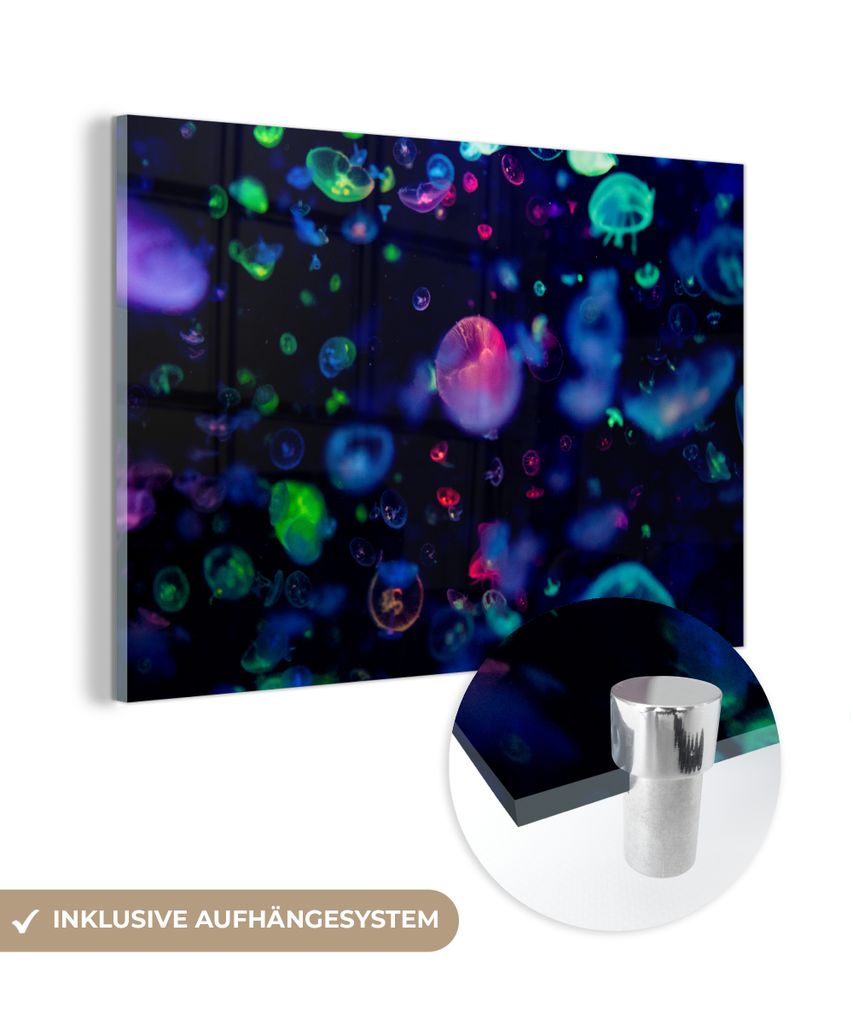 MuchoWow Große XXL Glasbilder - Bilder auf Wandbild - Foto auf Glas Quallen im Neonlicht in einem Aquarium 150x100 cm Wanddekoration aus Glas - ...