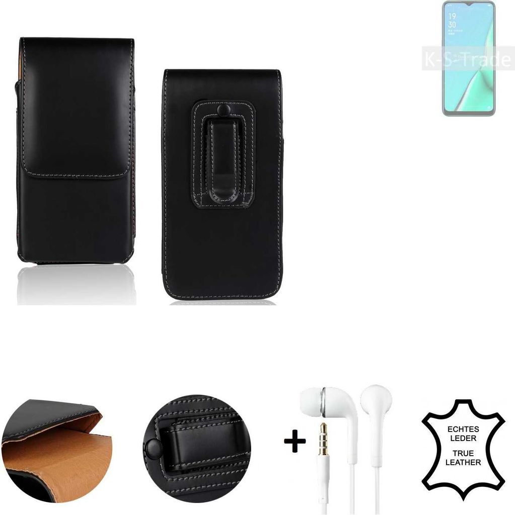 K-S-Trade Leder Gürteltasche + Kopfhörer kompatibel mit Oppo A11 Seitentasche Belt pouch Holster Handyhülle Schutz Hülle Etui schwarz 1x