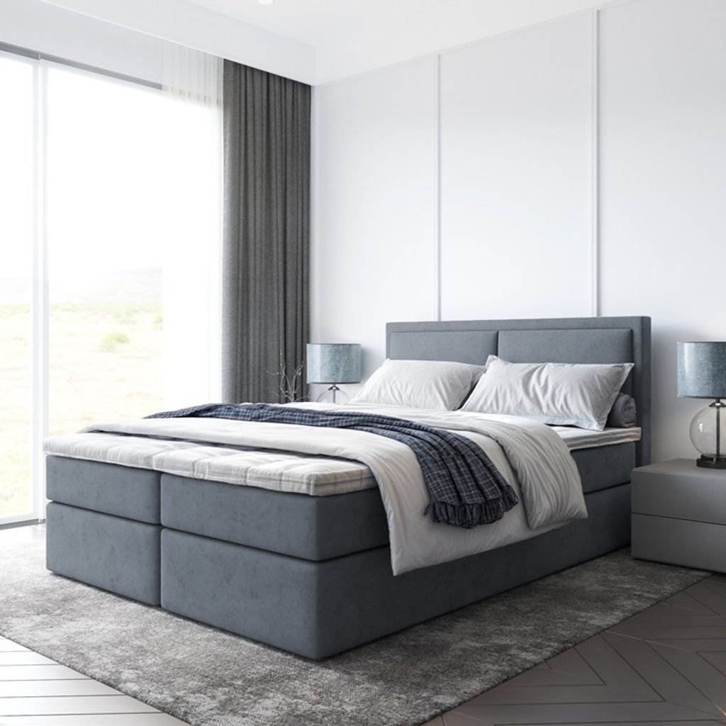 Bett, Boxspringbett SUZI mit Bettkästen und T25 Topper, Doppelbett, Stauraum, Schlafzimmer, Polsterbett, 160x200 cm. (Dunkelgrau - Itaka 14)