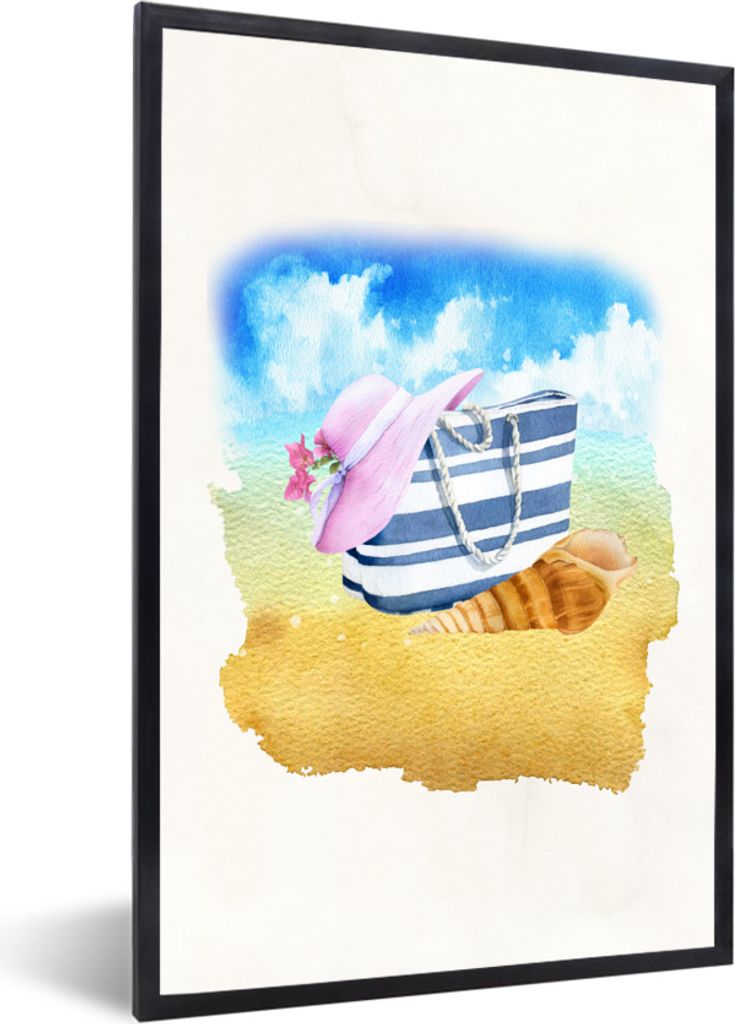 MuchoWow MuchoWow Gerahmtes Poster Tasche - Hut - Muschel - Meer 60x90 cm - Poster mit zchwarzem Bilderrahmen - Kunst