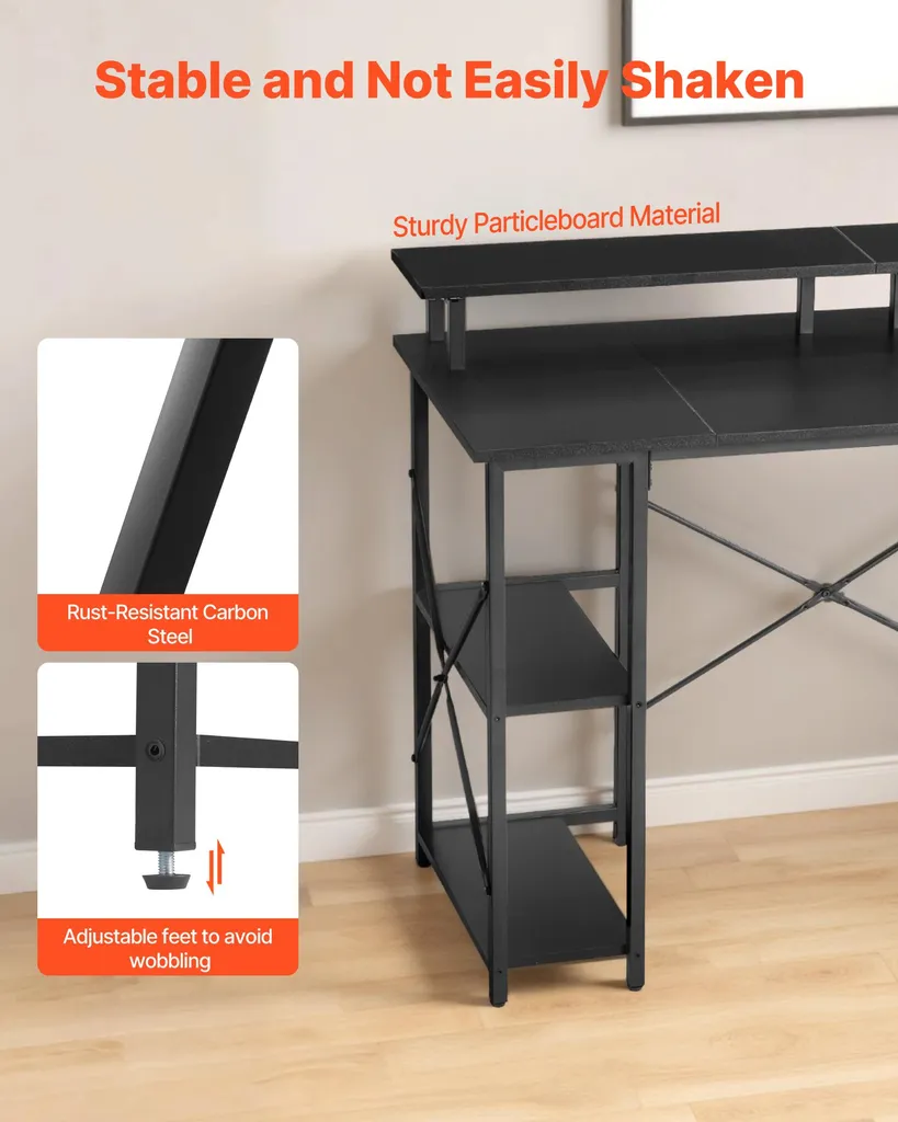 Table de Bureau Ergonomique avec Support Écran et Étagères de Rangement