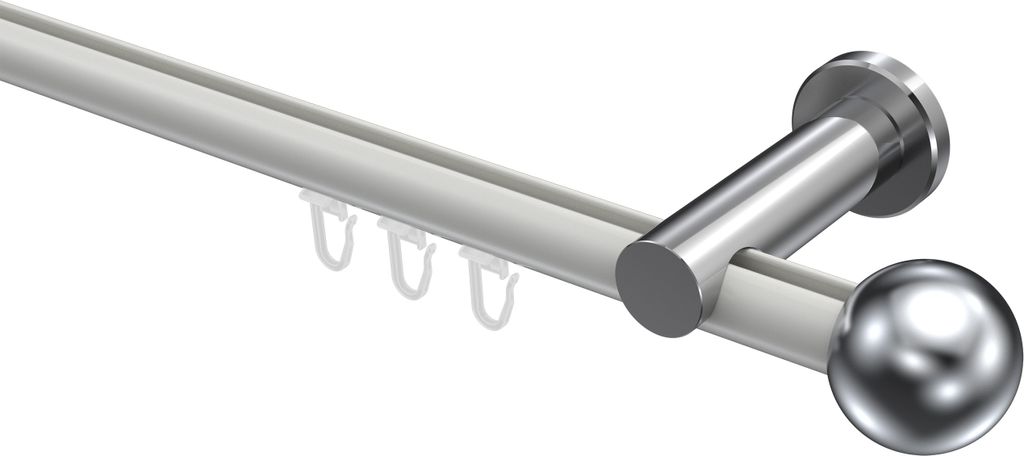 Interdeco Innenlaufstange / Gardinenstange mit Innenlauf Weiß / Chrom, Typ Platon Luino (Kugel), 20 mm Ø 1-läufig, 200 cm
