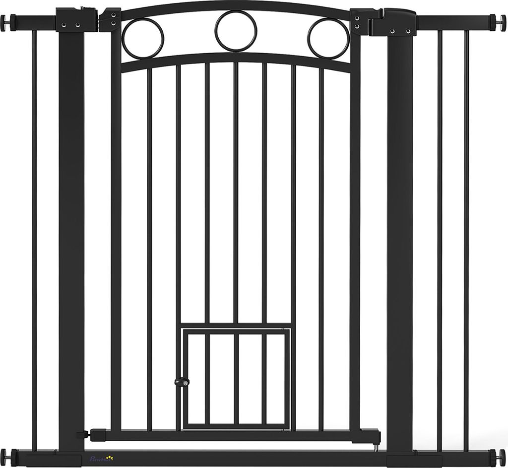 Haustiertor, 96 cm Treppengatter, verstellbare Breite 76-104 cm, mit Katzentür, für Treppen und Türöffnungen, Schwarz