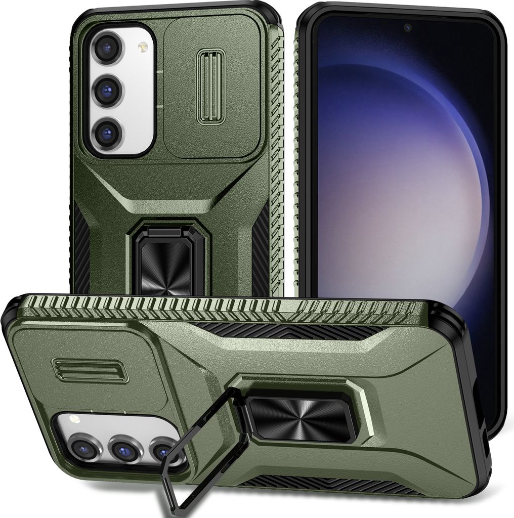 Handyhülle für Samsung Galaxy S23+ Dual Layer Hülle mit Schiebe Kamera Schutz und Ringhalter Ständer Grün