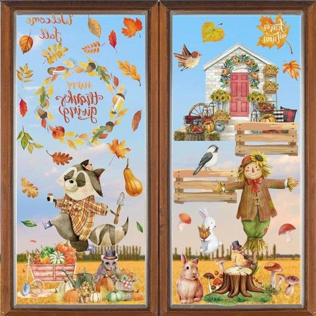 Herbstdekorationen - Raamstickers mit Eichenlaub für Erntefest und Thanksgiving