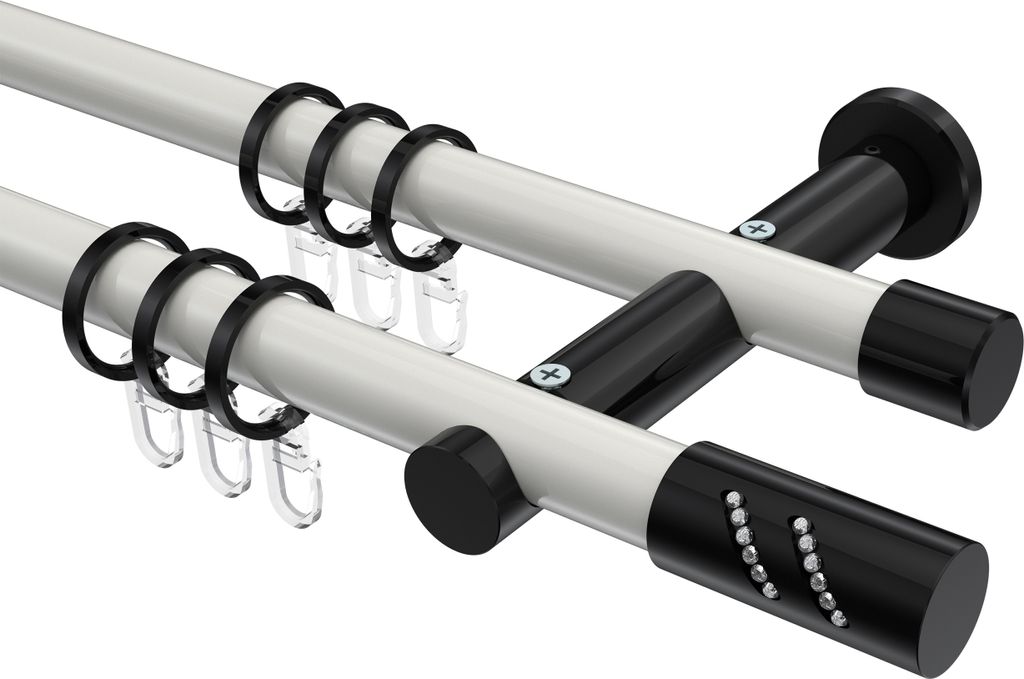 Interdeco Gardinenstange / Vorhangstange Weiß / Schwarz, Typ Platon Zoena (Glitzerzylinder), 20 mm Ø 2-läufig, 260 cm