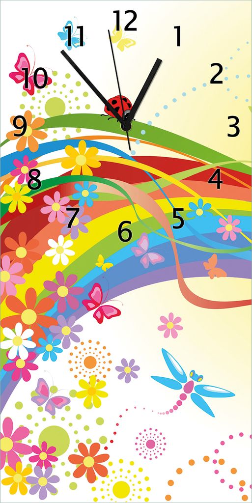 Wallario Design Wanduhr Regenbogen im Sommer - Bienchen und Blümchen aus Echtglas, Größe 30 x 60 cm