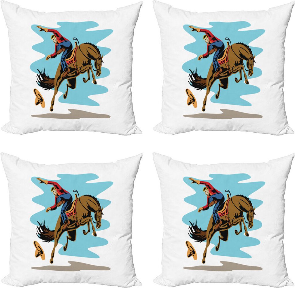 ABAKUHAUS Rodeo Kissenbezug Set (4 Stück), Cowboy Fallen von seinem Pferd, Moderner Doppelseitiger Digitaldruck, 60 cm x 60 cm, Mehrfarbig