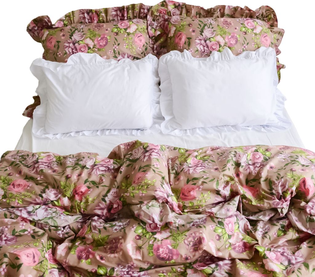 Baumwolle Bettwäsche Mit Rüschen Set Schlafzimmer Bettdeckenbezug 160X200 Cm + 4 Kissenbezüge Rosa-Blumen Weiß