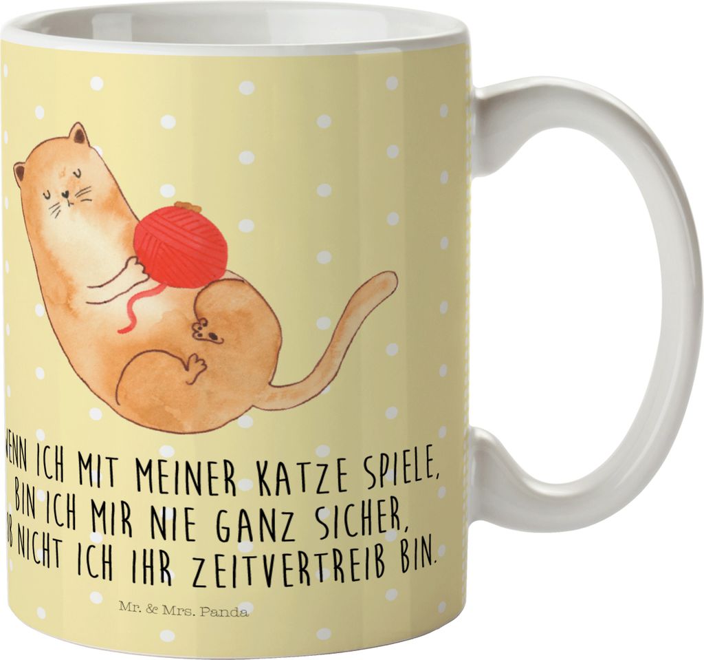 Mr. & Mrs. Panda Trinklernbecher Katze Wolle - Gelb Pastell - Geschenk, Kinderbecher, Lustig, Haha, Spielen, Mehrwegbecher, Plastikbecher, Katzenmo...