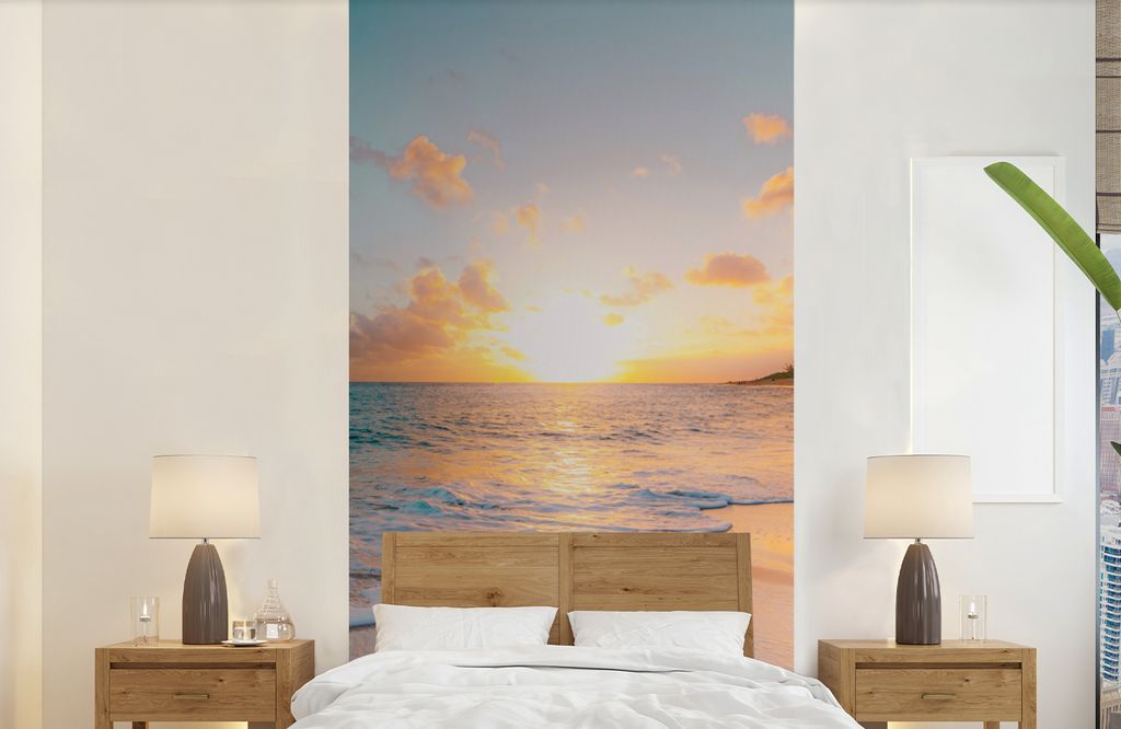 MuchoWow Fototapete für Wohnzimmer oder Schlafzimmer Wandtapete Vinyl Motivtapete Sonnenuntergang - Strand - Meer - Sommer - Blau - 120x240 cm -...