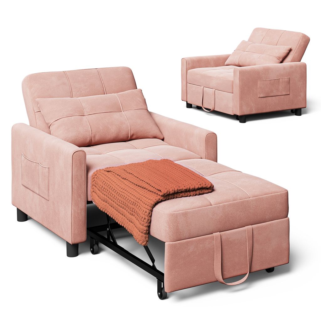 A pink convertible sofa bed is shown in two configurations against a white background. One configuration is a chair with an extended ottoman and a blanket, and the other is a folded chair.