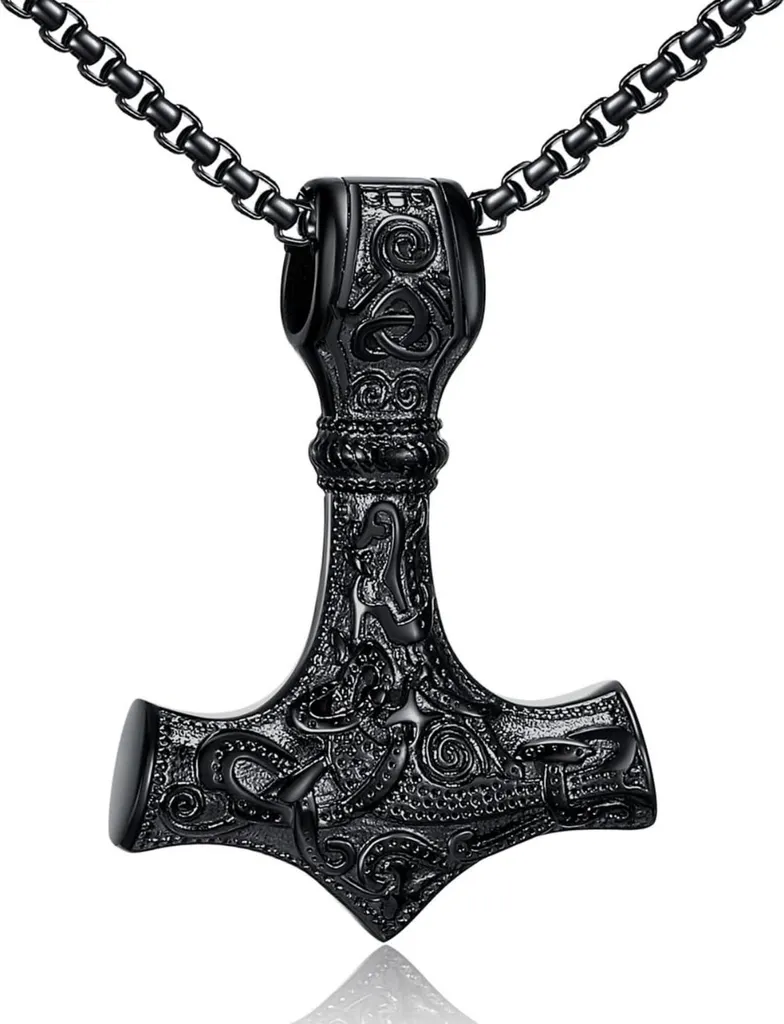 AFSTALR Collana Martello di Thor Mjolnir Acciaio Nero 70cm Uomo