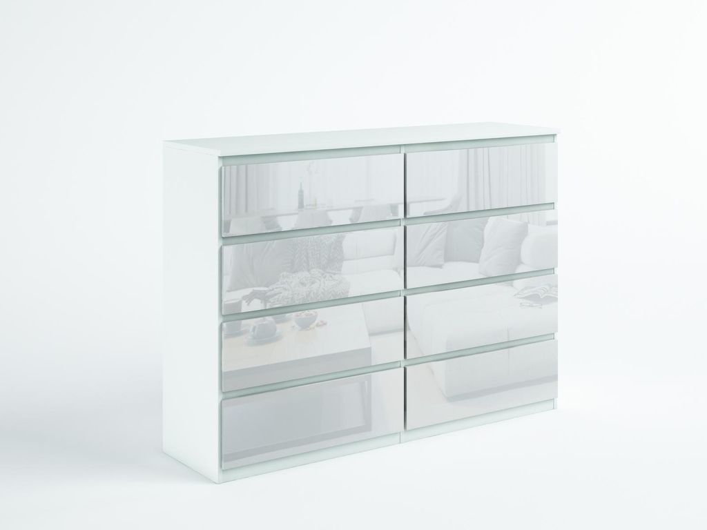 Masseno Kommode NUDO 120 cm Sideboard mit 8 Schubladen und Türen für Wohnzimmer Schlafzimmer Modern 120x39x101,5 cm Weiß / Weiß