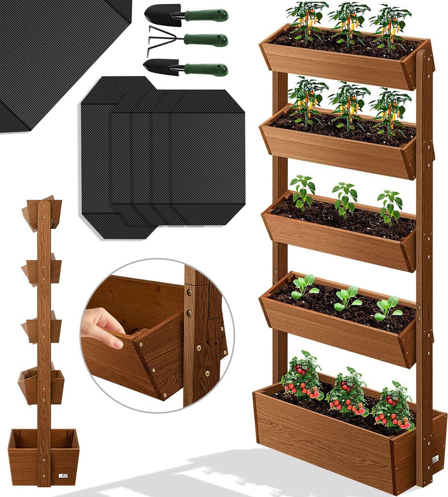 A collage of images showing a multi-tiered wooden planter box with plants, gardening tools, and black fabric liners.