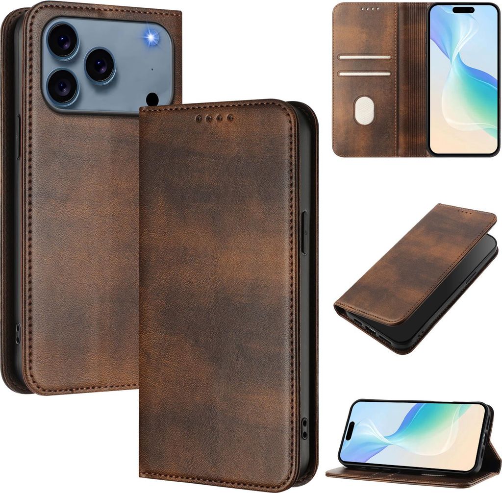 Handyhülle für iPhone 17 Pro, Vintage Leder RFID Schutz Kartenfach Standfunktion Magnetische Klapphülle Braun