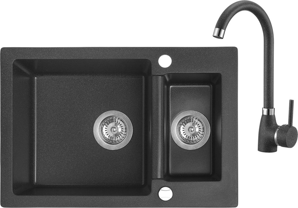 BADLAND SET Spültischarmatur und Granitspüle Doppelbecken CELIA 44x65 Schwarz | Siphon im SET!