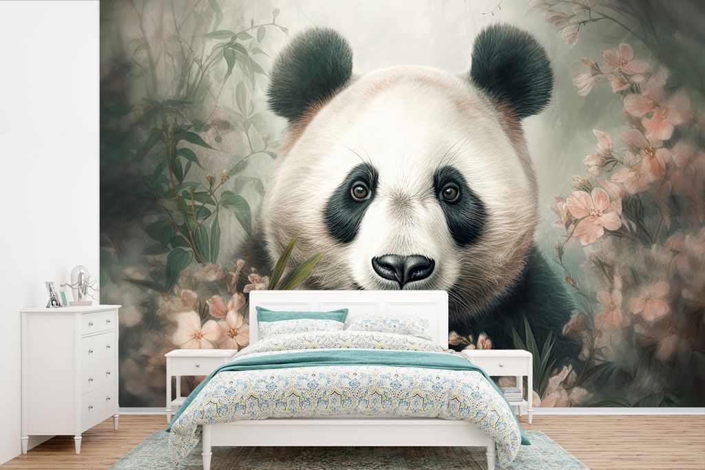 MuchoWow Fototapete für Wohnzimmer oder Schlafzimmer Wandtapete Vinyl Motivtapete Panda - Tiere - Pflanzen - 525x350 cm - Das Hintergrundbild