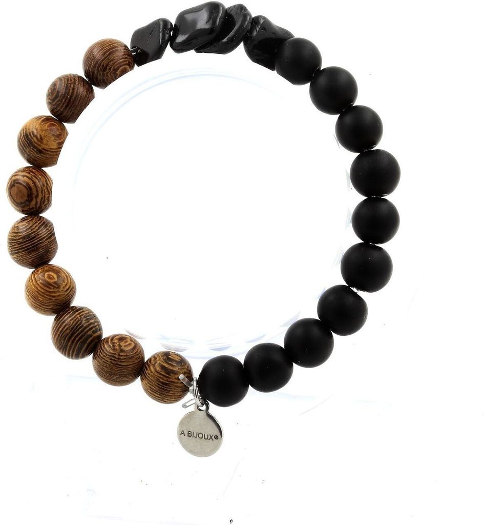 Schörl-Turmalin-Armband aus Brasilien + mattschwarze Onyxperlen + Holz 8 mm