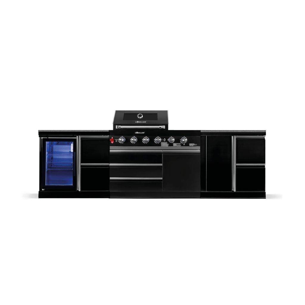 GORILLER BLACKBACK M10 Outdoor-Küche, Gasgrill mit Kühlschrank, Extra-Arbeitsfläche und Stauraum, Edelstahl, Schwarz