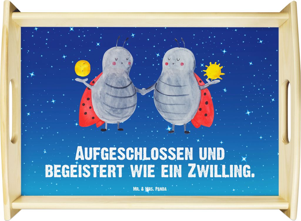 Mr. & Mrs. Panda Serviertablett Sternzeichen Zwilling - Sternenhimmel Blau - Geschenk, tablett aus holz, Zwillingsschwester, Zwillingsbruder, Marie...