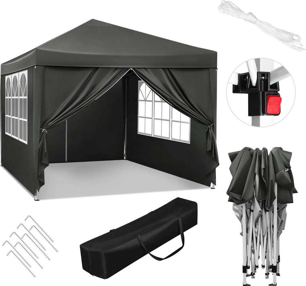 Gartenpavillon - Faltpavillon 3x3 m - Wasserdicht - UV-Schutz - Oxford-Gewebe - Tragetasche - Dunkelgrau