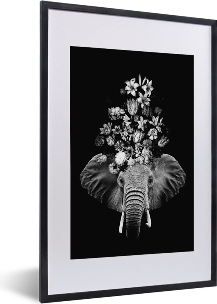 MuchoWow Gerahmtes Poster Elefant mit Blumen vor schwarzem Hintergrund - schwarz und weiß 40x60 cm - Poster mit Schwarzem Bilderrahmen Wandposte...