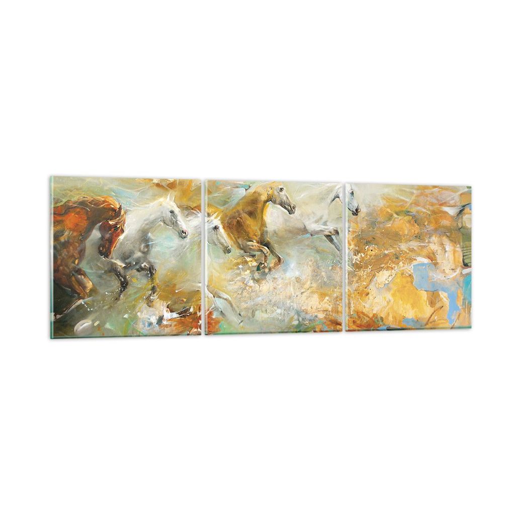 Bilder auf glas - 3 Teile - Pferde Galopp Modern - 150x50cm - Glasbilder - Wandbilder - Bilder - zum Aufhängen bereit - Wanddekoration aus Glas - ...