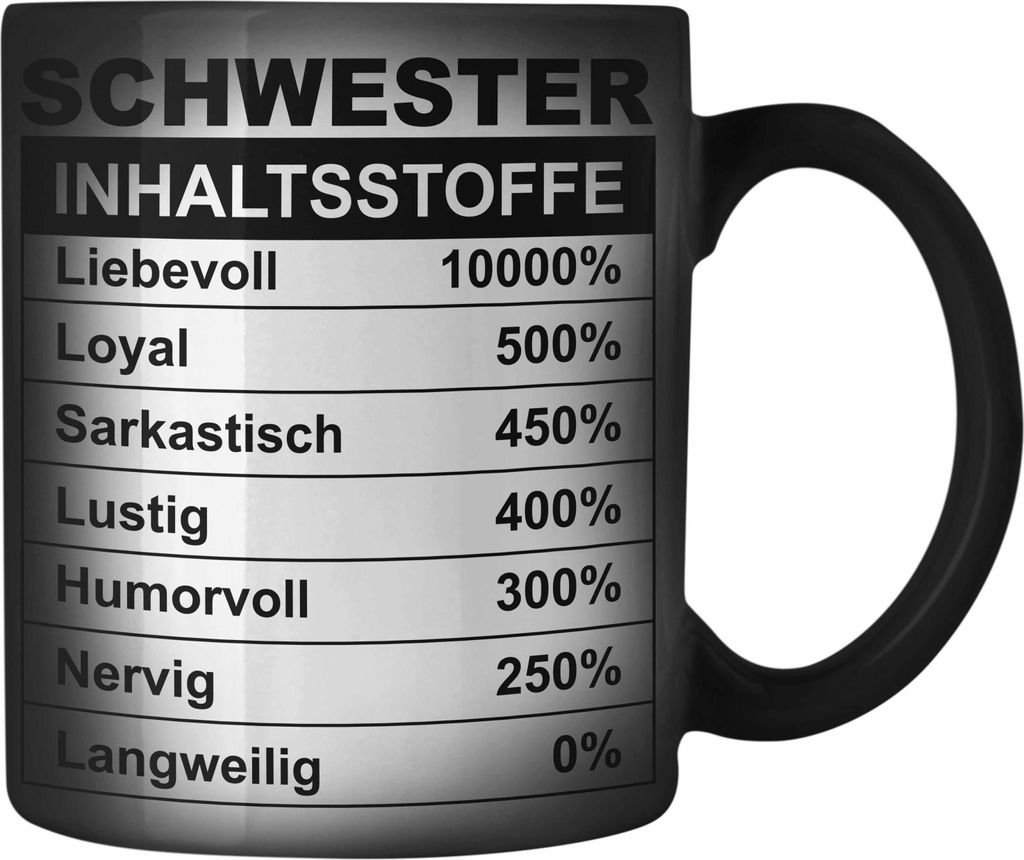 Trendation - Farbwechsel Zauber-Tasse für Schwester Geschenk Spruch Sprüche Geschenkidee Beste Schwester Inhalsstoffe Geburtstag (Schwarz)
