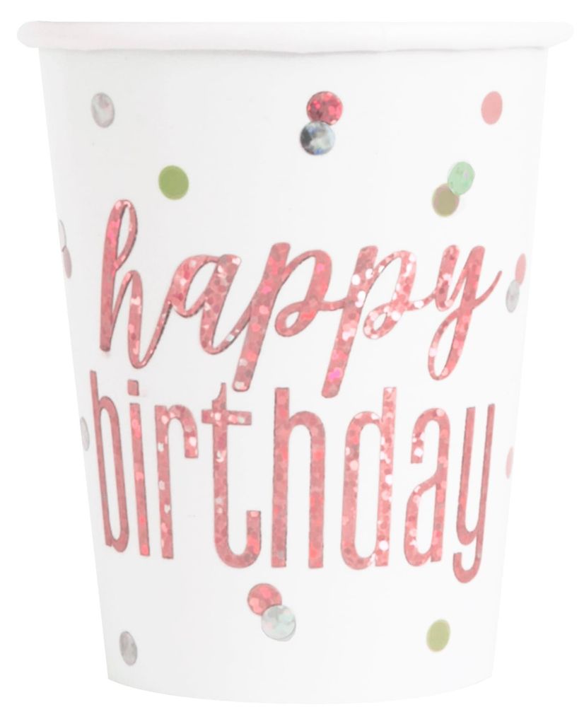 8 Happy Birthday Pappbecher weiß-pink glitzernd 266ml Punkte - Einheitsgröße
