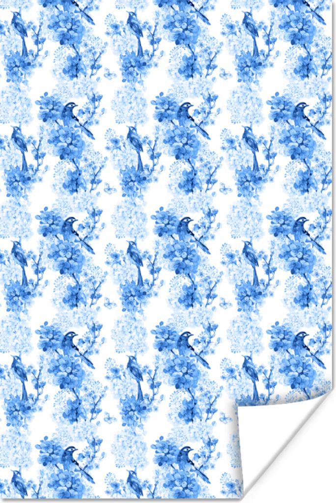 MuchoWow Poster Blumen - Vögel - Blau 40x60 cm - Plakate für die Wand - Poster Babyzimmer