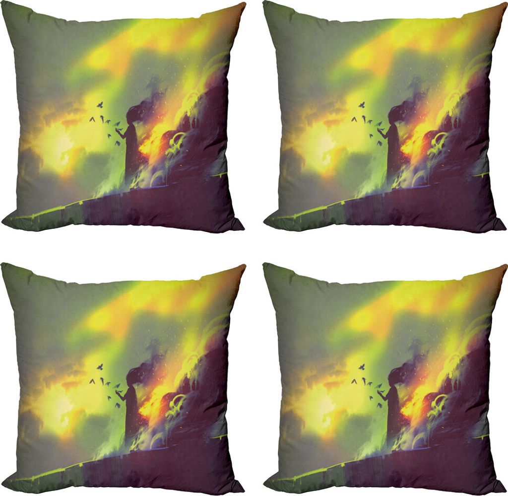 ABAKUHAUS Fantasie Kissenbezug Set (4 Stück), Haus in Flammen Magie, Moderner Doppelseitiger Digitaldruck, 45 cm x 45 cm, Gelbgrün