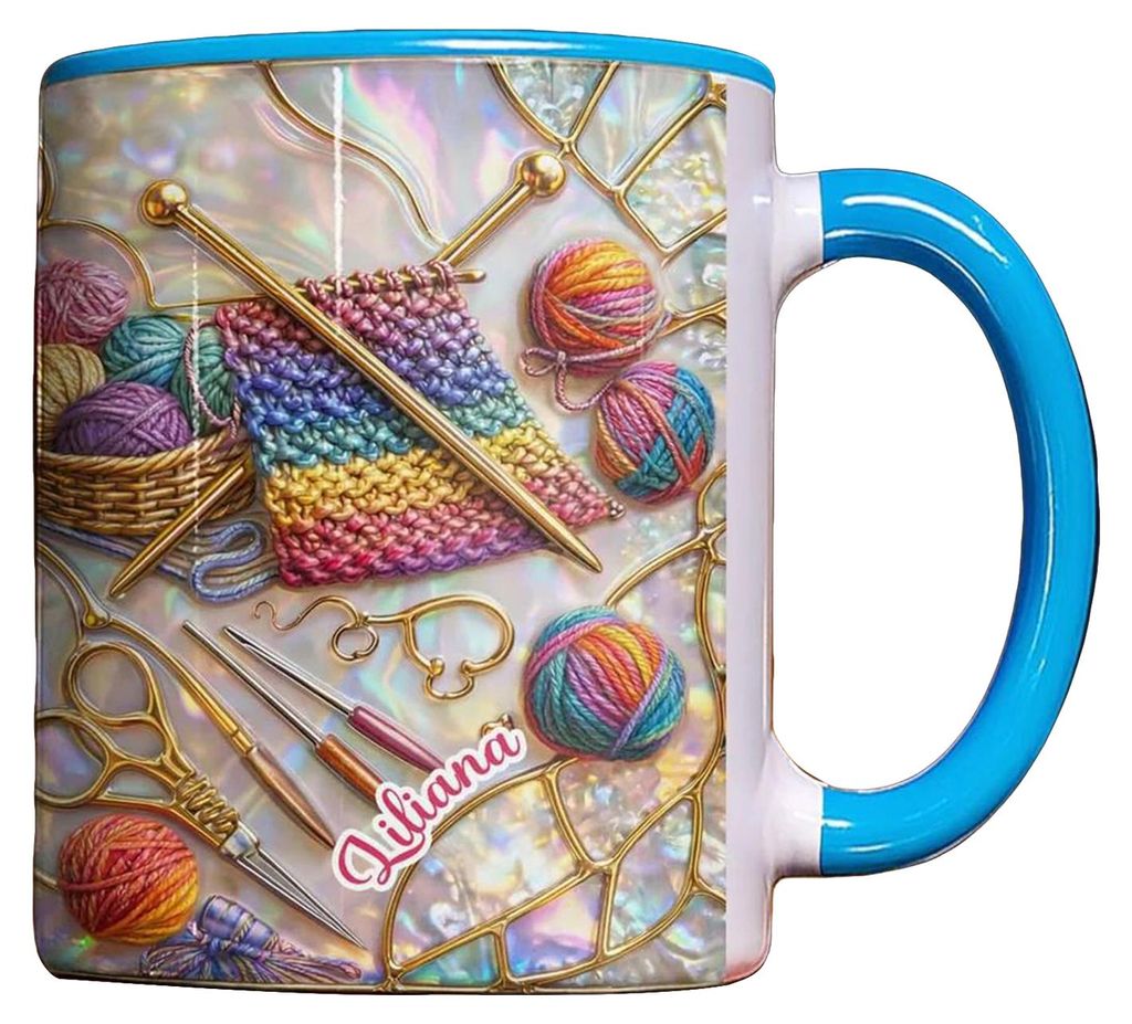 Tasse mit Strick- und Nähzubehör, 325 ml, personalisierbar mit Nähmaschinen- und Garnmotiven – ideales Nähgeschenk für Frauen