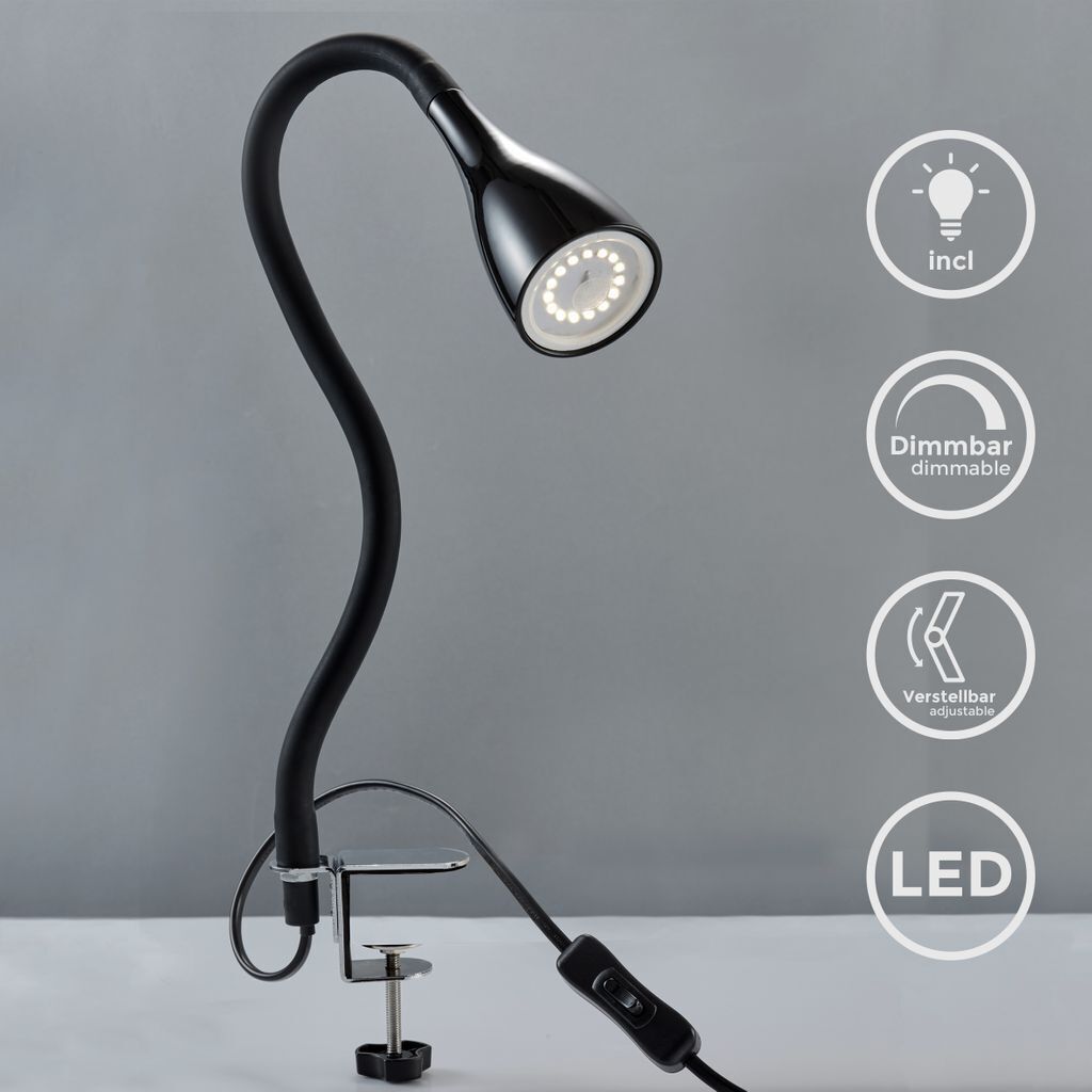 A black gooseneck desk lamp with a clamp base is shown against a plain gray background. Several circular icons with text and symbols are displayed to the right of the lamp.