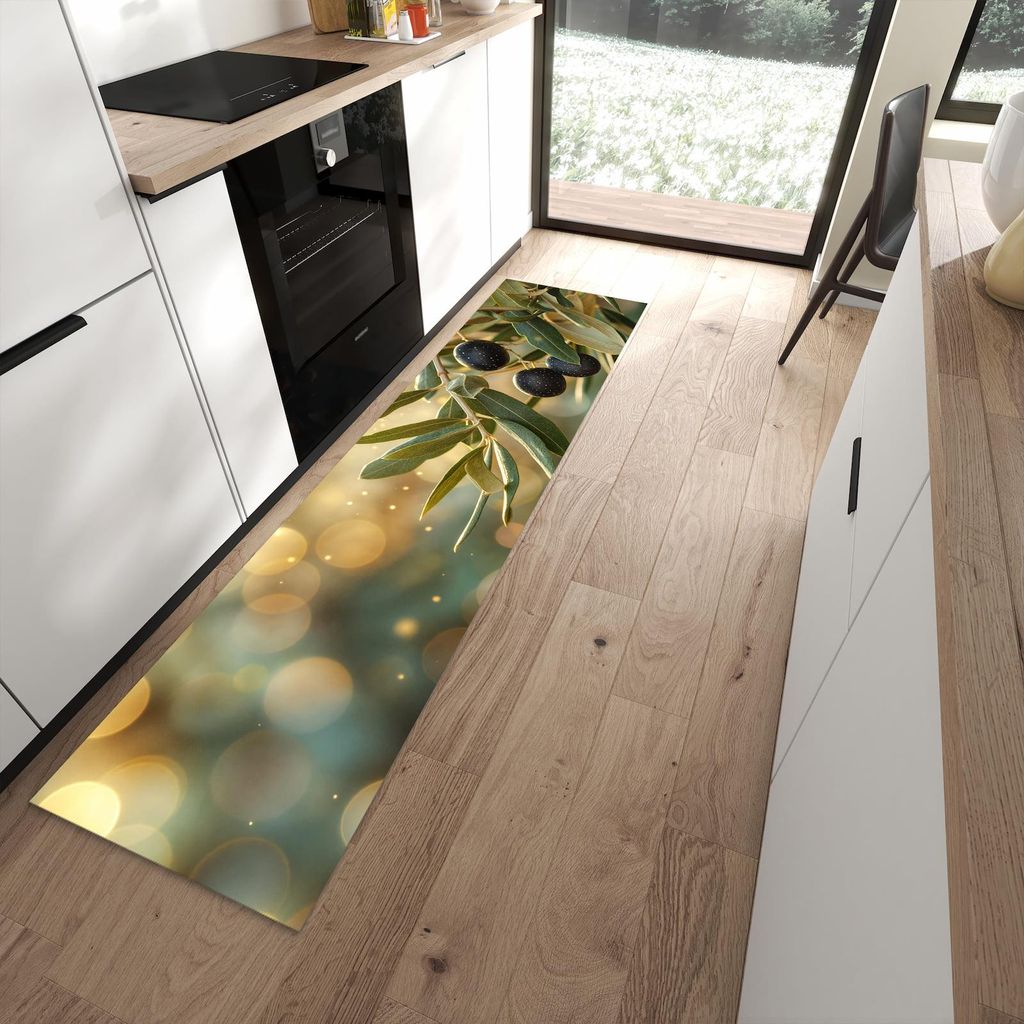 Küchenteppich 60x240cm rutschfest & abwischbar PVC Läufer - Olivenzweig
