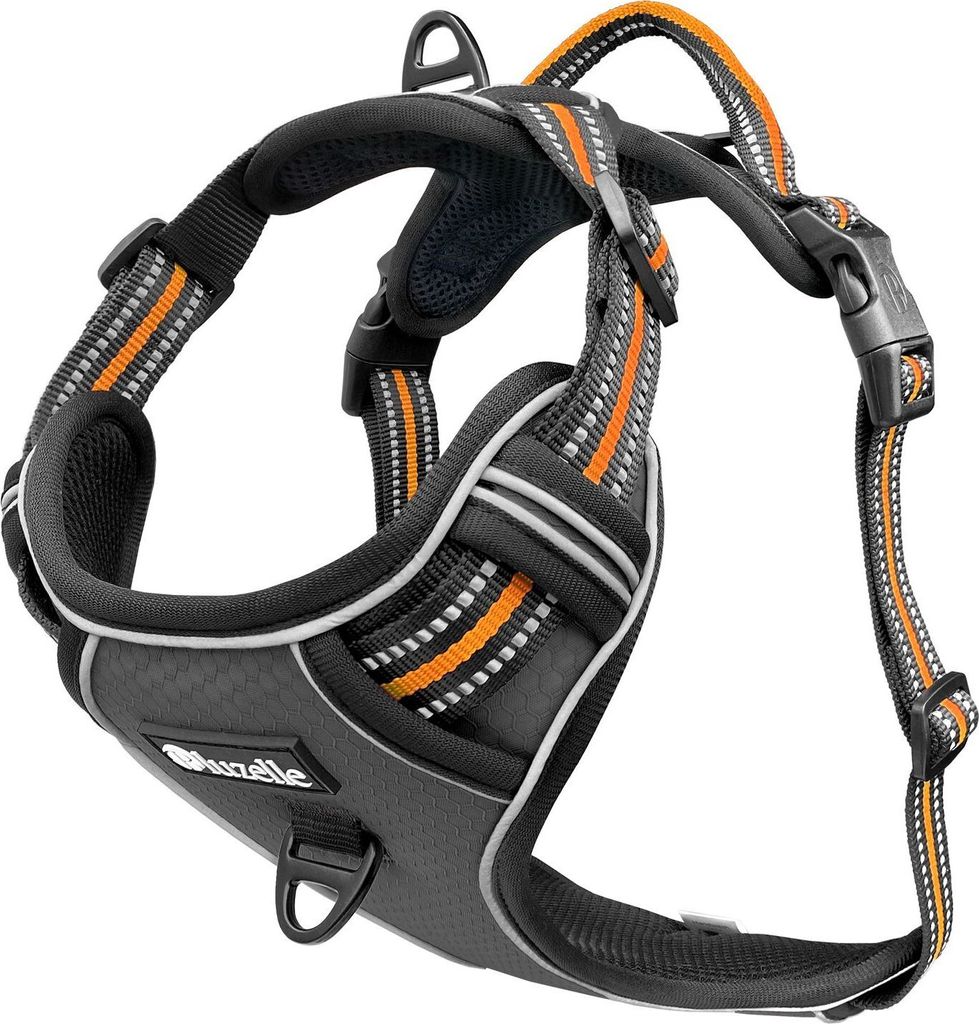 BLUZELLE Hundegeschirr Große Hunde, Reflektor Brustgeschirr mit Griff & Tasche für GPS Tracker, Anti-Zug Hundeweste Hund-Warnweste Atmungsaktiv, - L