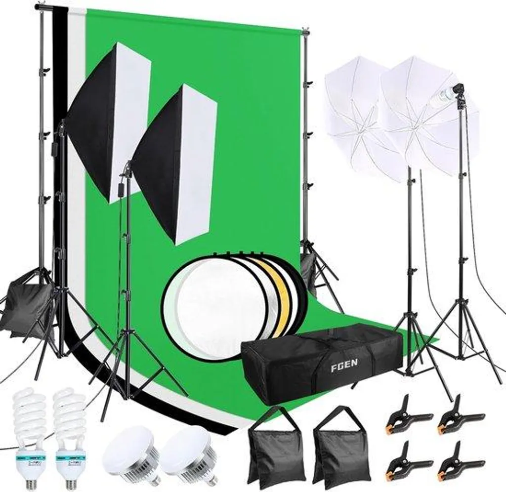 Kit fond vert pliable avec éclairage softbox et support télescopique