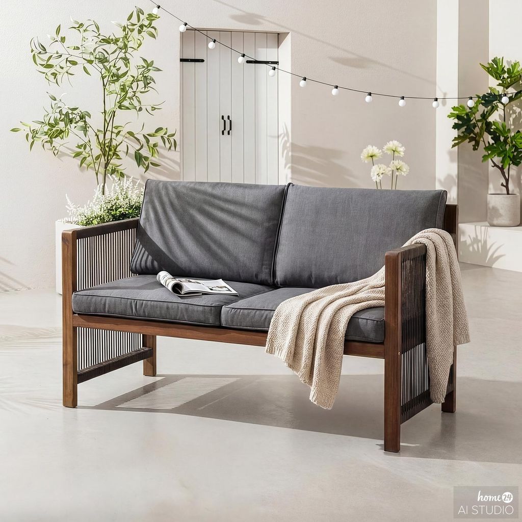 home24 Massive Gartenbank - Akazie Massiv / Polyester - Braun / Grau -
