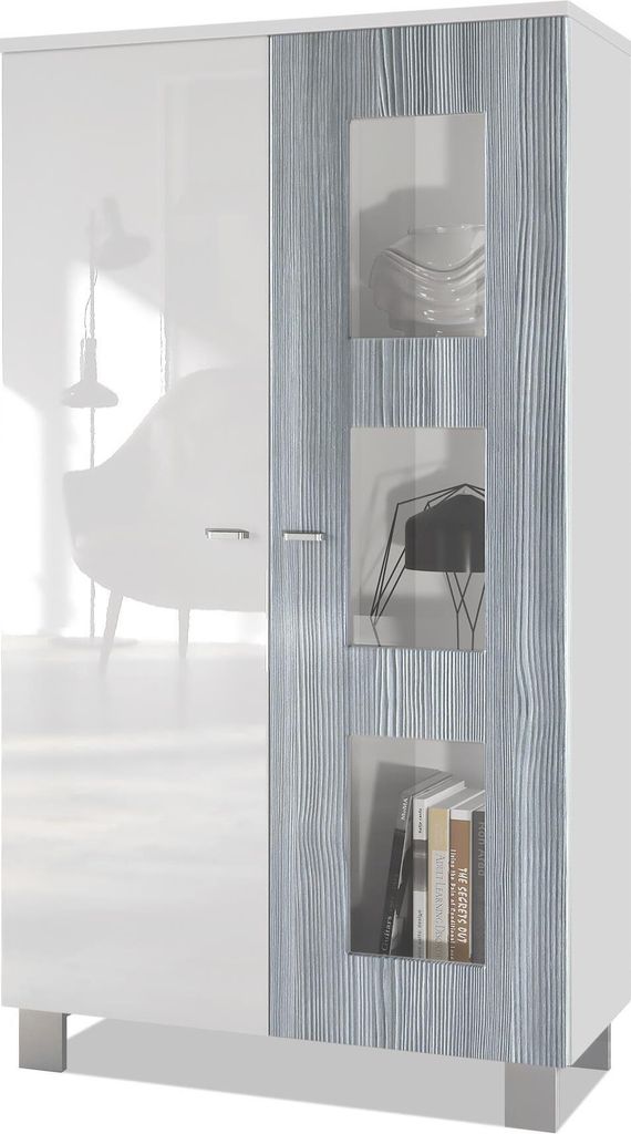 Vladon Vitrine Denjo, Germany, Standvitrine mit 2 Türen und 3 Glaseinsätzen, Weiß matt/ Weiß Hochglanz Avola-Anthrazit (71 x 129 x 35 cm)