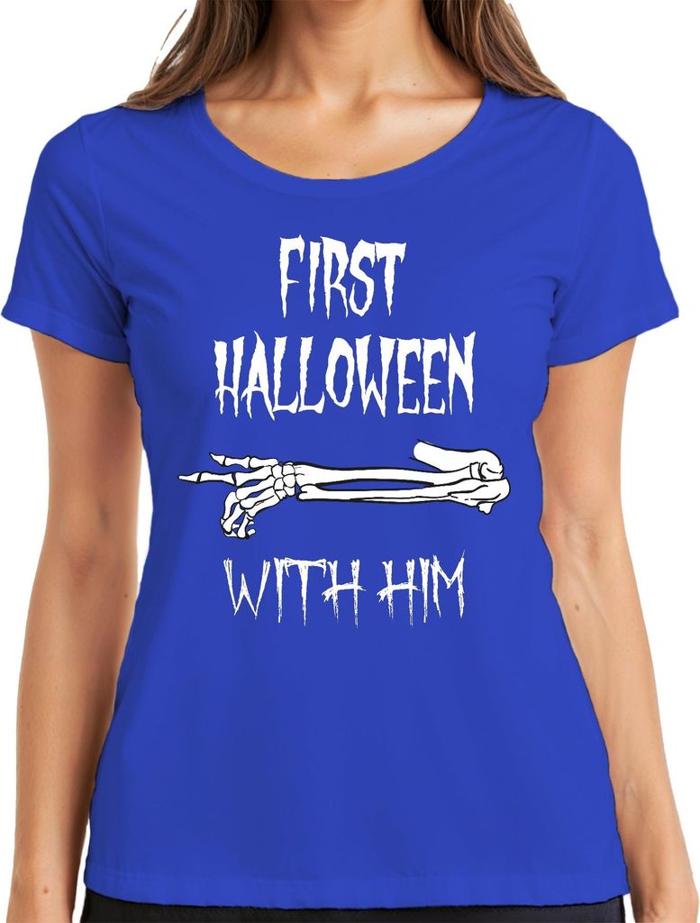 FIRST HALLOWEEN WITH HIM Erstes Baby Skelett Arm Grusel Papa Damen T-Shirt, Blau, M