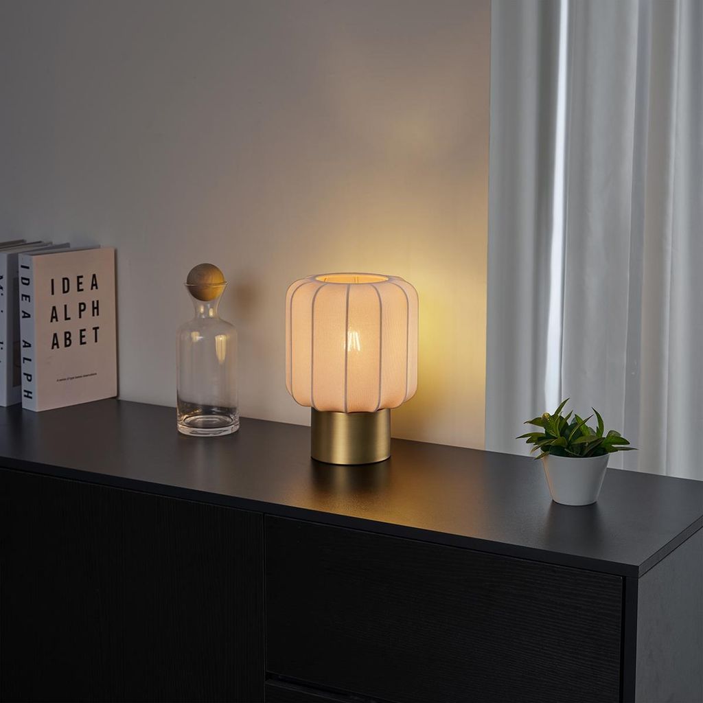 QAZQA - Japandi Japandi-Tischleuchte I Tischlampe I Lampe I Leuchte Gold I Messing mit beigem Schirm - Pluni I Wohnzimmer I Schlafzimmer - Textil K...