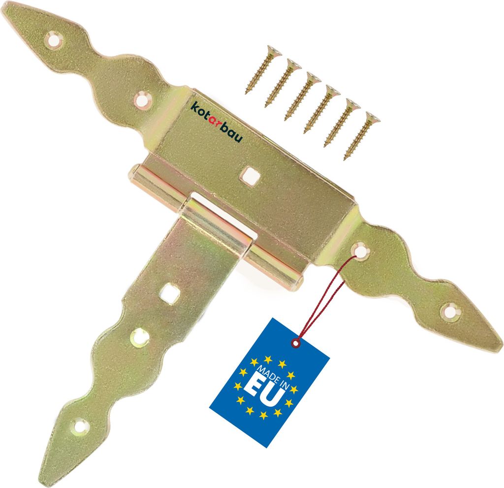 KOTARBAU T Scharniere gold L: 150 mm Kreuzgehänge verzinkt Stahl Gartentor Scharnier Türband Holztür Ladenband Torscharniere Schwerlast Türb...