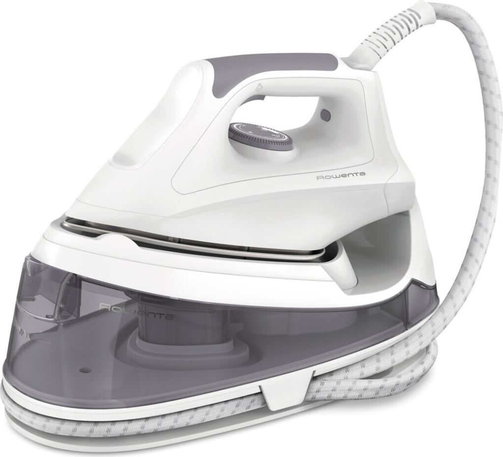 A close-up view of a white and gray steam iron with its water tank base.