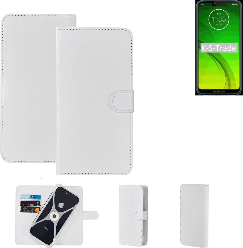 K-S-Trade Handy Hülle Schutz Hülle kompatibel mit Motorola Moto G7 Power Cover Case Bookstyle Bumper weiß 1x