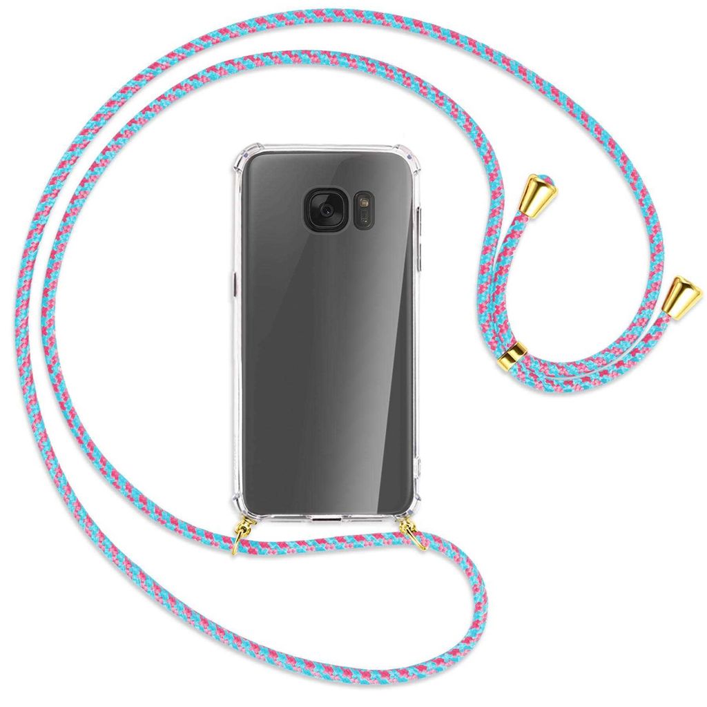 Handykette Backcover-Schutzhülle mit Band (Metall goldfarben) für Samsung Galaxy S7 - pink/mint