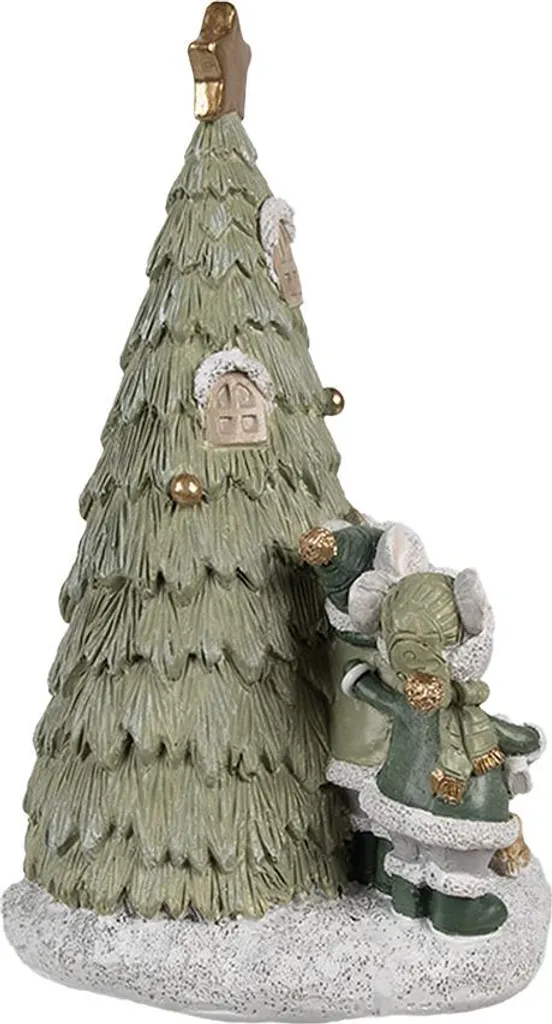 Décoration de Noël intérieure : Maisonnette verte avec souris LED 17cm