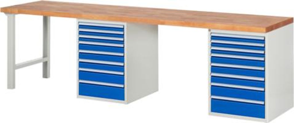 Werkbank mit 16 Schubladen - Vollauszug - 60:6 / 90:6 / 120:2 / 150:2 - 890 x 3.000 x 700 mm (HxBxT) - Traglast 1.000 kg - Buche