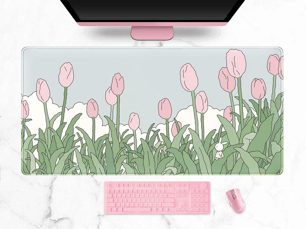 Extra großes Gaming-Mauspad mit Aquarell-Tulpenmotiv (XXL) – Kawaii-Anime-Schreibtischunterlage, rosa und grün – Großes, komplettes Mauspad ...