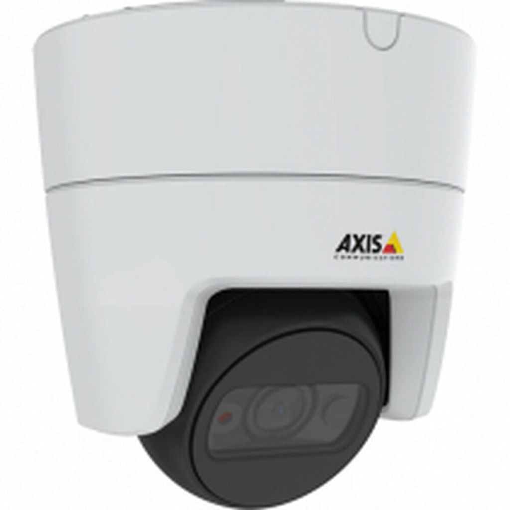 A white and black Axis IP surveillance camera is shown against a white background.