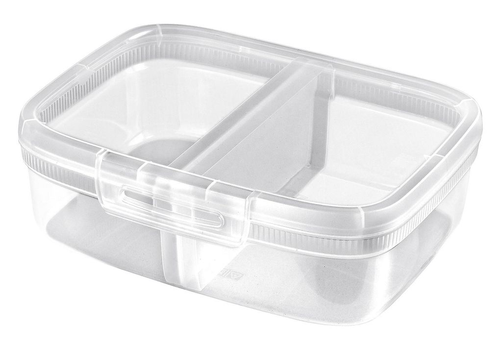 A transparent divided storage container with a transparent lid and latch.
